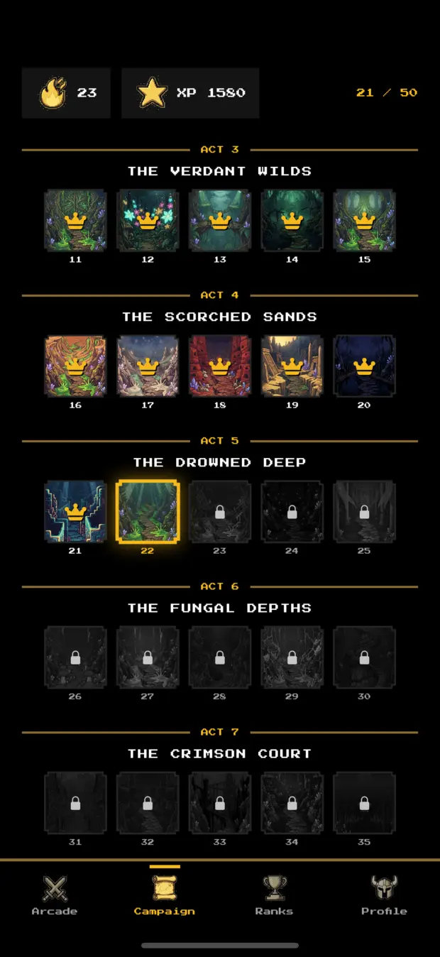 Push-Up Legend campaign map with dungeons across acts